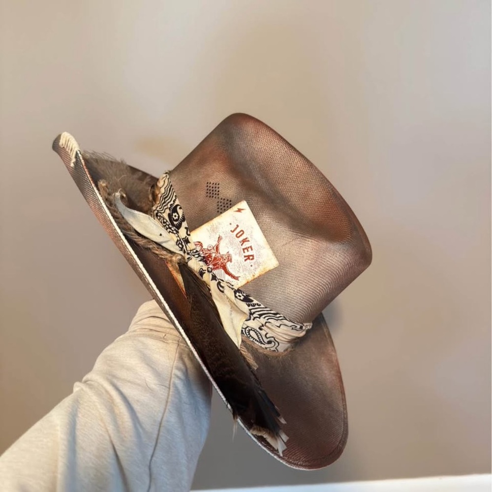 Distressed Brown Western Cowboy Hat with Bandana and Joker Card